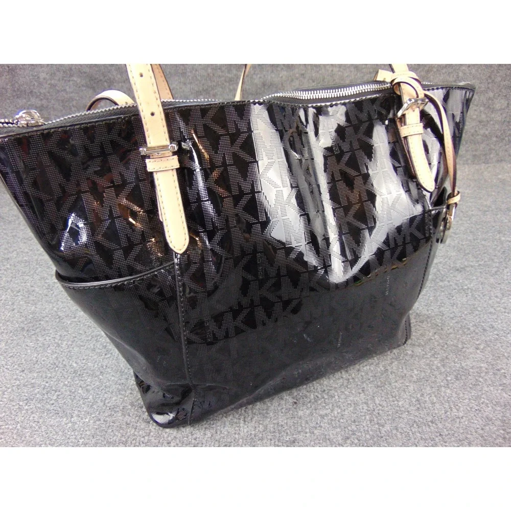 Michael Kors Jet Set Travel Tote Black Patent MK‎ Logo Monogram Bag 35S6MTTT8Z